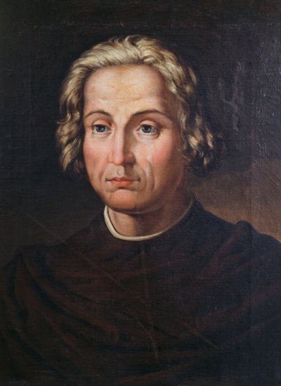 クリストファー コロンブス (1451-1506) の肖像画、イタリアの探検家で航海士、ヴァレリアーノ ドミンゲス ベッカー (1833-1870) の絵画 作： Valeriano Domínguez Bécquer