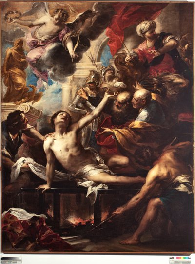 鉄板の上の聖ローレンスの殉教 ヴァレリオ・カステッロ（1624-1659）による絵画 薄さ236×182cm ゲネス、ストラーダ・ヌオーヴァ美術館（元パラッツォ・ビアンコ）。 作： Valerio Castello