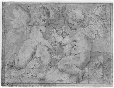 猫と 2 羽の鳥と遊ぶ 2 つの putti 作： Valerio Castello