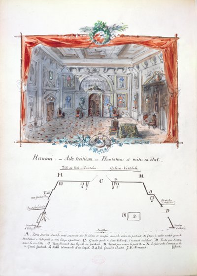 ヴィクトルユーゴー（1802-85）、1879（インク＆ガッシュ）による1877年のエルナニの制作のデザインとステージの方向性を設定する 作： Valnay Pere et fils