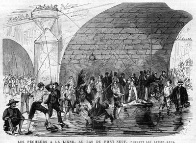 1868年、パリのナイン橋の下で、釣り人が釣り糸を垂れています。 作： Valnay Pere et fils