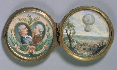 JFピラトルとピエールロマンの肖像ミニチュア、1784年のバルーンアセントのシーン（ヴェラムのガッシュ） 作： Van Blarenberghe