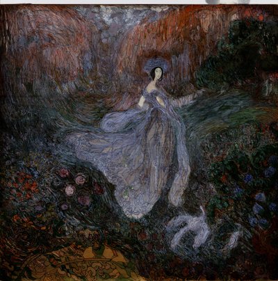 朝（モーニング）。 ベールをまとった女性が、花畑で地上の鳥に向かって歩いています。 Vasili Dmitrievich Millioti (1875-1943) の作品、紙に水彩、グワッシュ、インク 作： Vasili Dmitrievich Millioti