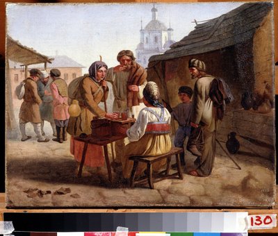 ""クワスの巡回販売"" クワス (またはクワス) はビールに似た飲み物で、ロシアや東方諸国で人気があります。 Vasili Yefimovich (1839-?) による絵画 1862 チュヴァシ共和国国立美術館、チェボクサル 作： Vasili Efimovich Kallistov