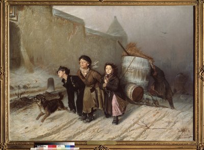 トロイカ（そり）。 水汲みの見習い。 （冬の通り）。 Vasili（Vasili）Grigoryevich Perov（1834-1882）による絵画、キャンバスに油彩 作： Vasili Grigorevich Perov