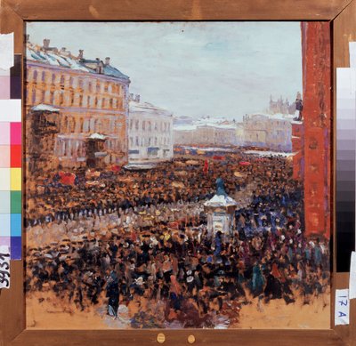 1917年のモスクワでの革命デモ。 ロシアの首都の通りでのボルシェビキ プロレタリア革命のエピソード。 Vasili Nikitich Meshkov（Vassili Meshkov）（1868-1946）による絵画、油 作： Vasili Meschkov