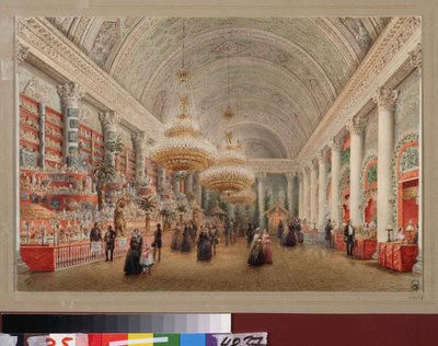 サンクトペテルブルクのユスポフ宮殿の宴会場でのチャリティー バザー。 Vasily Semyonovich Sadovnikov (1800-1879) の作品、紙に水彩。 ロシア美術 作： Vasili Semenovich Sadovnikov