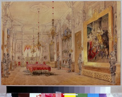 マナーハウス・ヴェルキのダイニングルーム。 Vasily Semyonovich Sadovnikov (18000-1879) の作品、キャンバスに水彩 作： Vasili Semenovich Sadovnikov