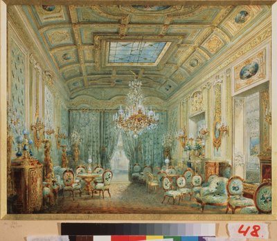 パステル調のリビングルーム。 Vasily Semyonovich Sadovnikov (1800-1879) の作品、紙に水彩。 19世紀のロシア美術。 国立ロシア美術館、サンクトペテルブルク。 作： Vasili Semenovich Sadovnikov