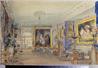 マナーハウスVerkiのリビングルーム。 Vasily Semyonovich Sadovnikov (1800-1879) の作品、紙に水彩 作： Vasili Semenovich Sadovnikov