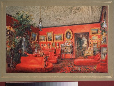 サンクトペテルブルクのユスポフ宮殿の赤い居間。 Vasily Semyonovich Sadovnikov (1800-1879) の作品、紙に水彩。 ロシア美術 作： Vasili Semenovich Sadovnikov