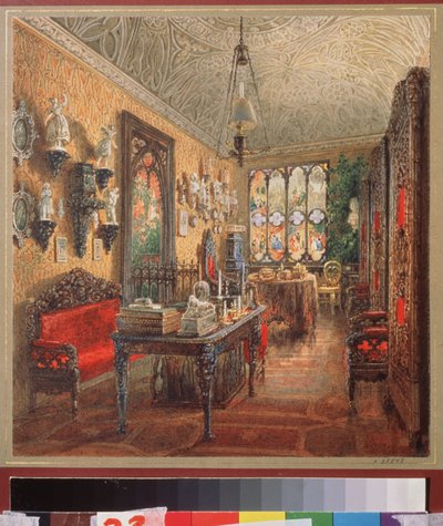 サンクトペテルブルクのユスポフ宮殿（モイカ宮殿）にある事務所。 Vasily Semyonovich Sadovnikov (1800-1879) の作品、紙に水彩、ロシア美術 作： Vasili Semenovich Sadovnikov