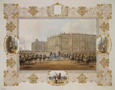 1850年代の冬の宮殿の前にある護衛連隊のレビュー 作： Vasili Semenovich Sadovnikov