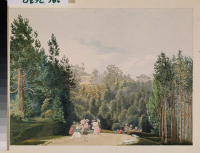 公園でのシーン。 Vasily Semyonovich Sadovnikov (1800-1879) の作品、紙に水彩 作： Vasili Semenovich Sadovnikov
