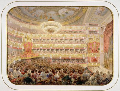 サンクトペテルブルク帝国ボリショイ・カメヌイ劇場の講堂 par Sadovnikov, Vasily Semyonovich (1800-1879).水彩画、ガッシュ、紙 サイズ：35x26 作： Vasili Semenovich Sadovnikov