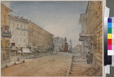 サドヴニコフ（Vasily Semyonovich, 1800-1879）によるサンクトペテルブルクのヴォズネゼンスキー プロスペクトクト。紙に水彩画 作： Vasili Semenovich Sadovnikov