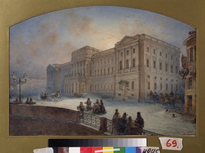 冬のマルリンスキー宮殿の眺め (サンクトペテルブルク)。 Vasily Semyonovich Sadovnikov (1800-1879) の作品、紙に水彩 作： Vasili Semenovich Sadovnikov