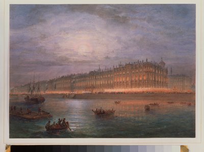 冬宮殿の夜景 (サンクトペテルブルク)。 Vasily Semyonovich Sadovnikov (1800-1879) の作品、紙に水彩。 19世紀のロシア美術。 国立エルミタージュ、サンクトペテルブルク。 作： Vasili Semenovich Sadovnikov