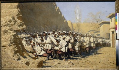 要塞へ、彼らを入れてください！ （戦闘前の軍隊の集合）（要塞の壁で、彼らを入れてください！） - Vasili Vasilyevich Vereshchagin（Vereshchagin）（1842-1904）による絵画、キャンバスに油彩（95x160.5 cm） 作： Vasili Vasilievich Vereshchagin
