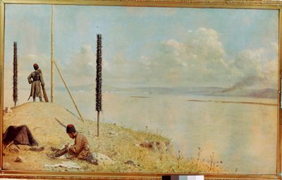 「ウクライナ、ドナウ川の歩哨」ドナウ川デルタのコサック ガード - (ドナウ川のピケ) Vasili Vasilyevich Vereshchagin (Vassili Vereshchagin) 作 (1842-1904) キャンバスに油彩 1878-1879 Dim 120x200 cm Museum of Russianアート、キエフ 作： Vasili Vasilievich Vereshchagin