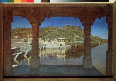 Rajasthan (インド), sur le lac a Udaipur (Rajasthan, at the Lake in Udaipur) - Vasili Vasilyevich Vereshchagin (Vassili Vereshchagin) (1842-1904) による絵画、キャンバスに油彩 作： Vasili Vasilievich Vereshchagin