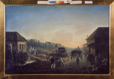駅馬車駅。 Vasili Vasilyevich Samoylov（1813-1887）による絵画、キャンバスに油彩 作： Vasili Vasilyevich Samoylov