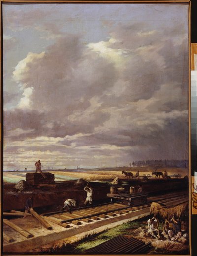 鉄道線の建設作業 - Vasili Vladimirovich Pukirev (Vassili Poukirev) (1832-1890) による絵画、キャンバスに油彩 作： Vasili Vladimirovits Pukirev