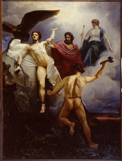 バルカン チェイニング プロメテウス (Vulcanus Chaining Prometheus)。 Vasili Yevmenievich Savinsky (1859-1937) による絵画、1881 年にキャンバスに油彩。サンクトペテルブルク美術館アカデミー。 作： Vasili Yevmenievich Savinsky