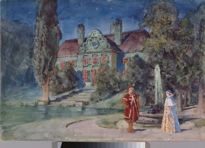モデスト・ムソルグスキー (1839-1881) によるオペラ「ボリス・ゴドノフ」のための準備装飾、家の前の庭 - モデスト・ムソルグスキーによるオペラ「ボリス・ゴドゥノフ」の舞台デザイン - ヴァシーリー・ドミトリエヴィチ・ポレノフ (1844-1927) による作品、水彩、ガッシュ 作： Vasilij Dmitrievich Polenov