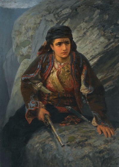 「見張り番」 ピストルを手にして見張りをする若い女性 - 絵画：ワシリー・ポレノフ（1844-1927 作： Vasilij Dmitrievich Polenov