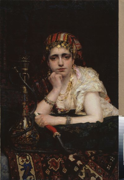オダリスク。 （水ギセルを持って憂鬱な視線を持つハーレムの女性の肖像）。 Vasili Dmitrievich Polenov (1844-1927) による絵画、キャンバスに油彩。 19世紀ロシアの芸術、オリエンタリズム。 ベラルーシ共和国国立美術館、ミンスク（ビエロル） 作： Vasilij Dmitrievich Polenov