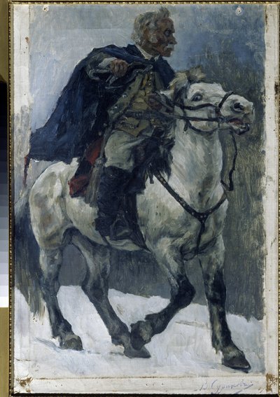 馬に乗ったアレクサンドル・スヴォーロフ (1729-1800)。 （馬に乗ったアレクサンダー・スボーロフ）。 ロシアの英雄は、イタリア遠征中 (1799-1800) に、ロシア軍の先頭に立ってアルプスを横断したと描写されています。 Vasilli Ivanovich Surikov (Vasily Surik) の絵画 作： Vasilij Ivanovic Surikov