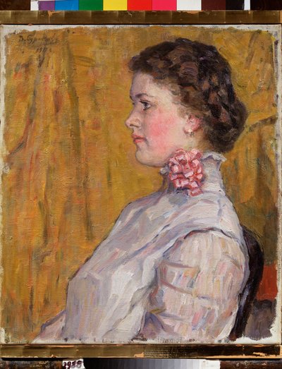 黄色の背景に女性の肖像画 (黄色の背景に女性の肖像画) - Vasilli Ivanovich Surikov (Vasily Surikov または Vassili Surikow) による絵画 (1848-1916)、キャンバスに油彩 作： Vasilij Ivanovic Surikov