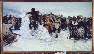 雪の要塞の嵐 (正統派の四旬節、マスレニツァの歓喜の人気シーン) - Vasilli Ivanovich Surikov (Vasily Surikov または Vassili Surikow) (1848-1916) による絵画、キャンバスに油彩 作： Vasilij Ivanovic Surikov