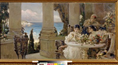 Sur la terrasse - Peinture de Vassili (Vasili, Vasilii, Wilhelm) Alexandrovich Kotarbinsky (Kotarbinski, Kotarbinskii) (1849-1921), huile sur toile - テラスで、Vasilii Alexandrovich Kotarbinsky によるキャンバスに油彩 - 地方美術館、Kirovohrad 作： Vasily Alexandrovich Kotarbinsky