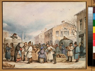 サンクトペテルブルクの干し草の市場 - Vasili Ivanovich Shternberg (1818-1845) の作品、紙に水彩 作： Vasily Ivanovich Sternberg