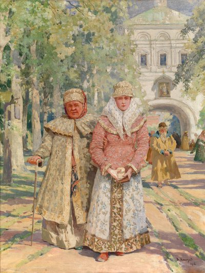 修道院の門の外 - Vasily Ivanovich Navozov (1862-1919) の絵画、キャンバスに油彩 (49x41.5 cm) 作： Vasily Ivanovich Navozov