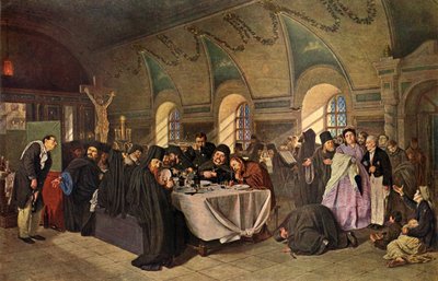 「修道院での食事」、1865～1875年、1939年。 作： Vasily Perov