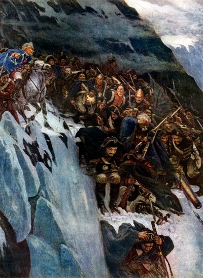 「アルプスを抜けるスボーロフの行進」、1799年、1899年、1939年。 作： Vasily Surikov