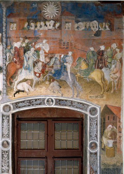2月：騎士のトーナメントと観衆。1535年頃、マルチェロ・フォゴリーノによって修復された「月の師」または「ヴェンセスラオ師」（イタリア語で「月の師」または「ヴェンセスラオ師」、15世紀初頭）の絵画。フレスコ画トレント 作： Venceslao Maestro