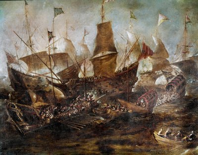 ベネチア艦隊とトルコ艦隊の戦い ベネチア派の絵画。17世紀イスタンブール、海軍博物館 作： Venetian School