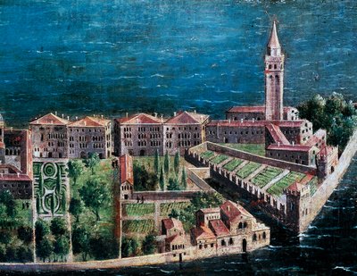 贖罪教会の横の庭、ヴェネツィアの鳥瞰図の詳細、ヴェネツィア派の絵画、イタリア 作： Venetian School