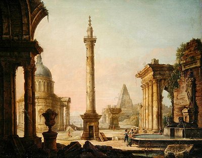 コラム・モニュメントのあるイマジナリービュー（油彩・キャンバス） 作： Venetian School