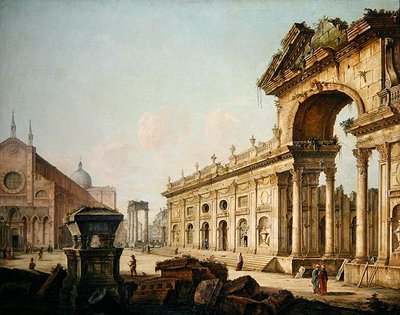 凱旋門のあるイマジナリービュー（油彩・キャンバス） 作： Venetian School