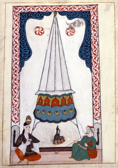 オスマン帝国時代のトルコの住居の内観。ミニチュア「トルコの記念品」（codex Cicogna 1971 "Memorie Turchesche"）より 17世紀ヴェネチア派の水彩画。 作： Venetian School