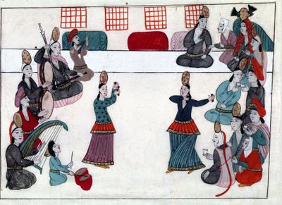 オスマン帝国時代の音楽家と舞踊家。ミニチュア「トルコの記念品」（codex Cicogna 1971 "Memorie Turchesche"）より 17世紀ヴェネツィア派の水彩画。 作： Venetian School