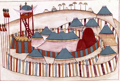 オスマン帝国の陣地ミニチュア「トルコの記念品」（codex Cicogna 1971 "Memorie Turchesche"）より 17世紀ヴェネツィア派の水彩画。 作： Venetian School