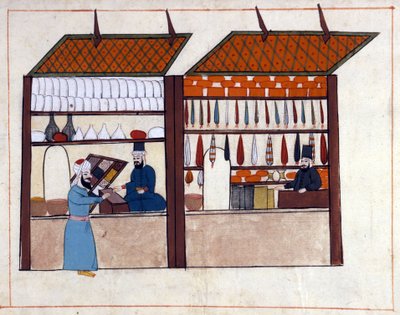 オスマン帝国時代のトルコ、コンスタンティノープルの商店（香辛料商人）。ミニチュア「トルコの記念品」（codex Cicogna 1971 "Memorie Turchesche"）より 17世紀ヴェネツィア派の水彩画。 作： Venetian School