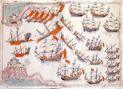 ヴェネツィアとオスマン帝国の戦争：ダーダネルス海峡の戦いでは、1655年にヴェネツィアのキャプテン、ロレンツォ・マルチェロが勝利を収めた（水彩画 作： Venetian School