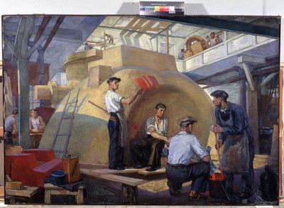 模範的な構築 (モデル構築)。 Veniamin Pavlovich Belkin (1884-1951) による絵画、キャンバスに油彩、1930 年頃。ロシア美術、20 世紀。 ソ連の宣伝。 リージョナル M.ヴルベル美術館、オムスク (ロシア) 作： Veniamin Pavlovich Belkin